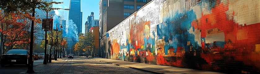 Vibrant street mural vividly transforming a city wall, showcasing urban art that breathes life into the surrounding environment.