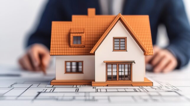 the scene focuses on a model of a house, complete with an orange tile roof and white walls, resting on top of a set of b