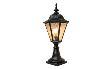 Fototapeta premium A vintage-style black wall lantern with glass panels and a glowing bulb, featuring an ornate domed top and elegant design for outdoor lighting, isolated on a transparent background
