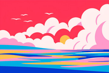 Seascape, sun and beach, seascape with clouds and sun, beach with sunset 