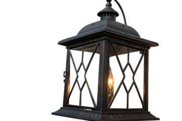 A vintage-style black wall lantern with glass panels and a glowing bulb, featuring an ornate domed top and elegant design for outdoor lighting, isolated on a transparent background