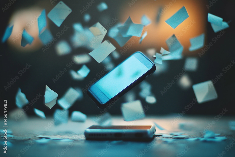 Poster smartphone levitating above a table surrounded by floating paper scraps