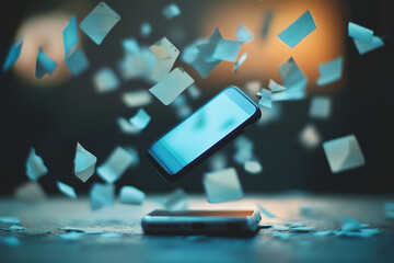 Smartphone levitating above a table surrounded by floating paper scraps