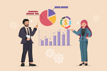 Analyzing Business Data and Financial Performance A Businessman Presenting a Pie Chart and a Businesswoman Gesturing Towards a Growing Bar Graph with Financial Icons.