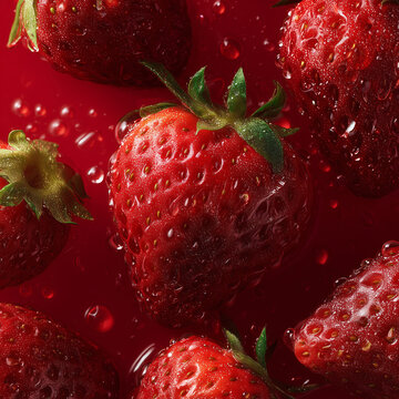 The background is full of fresh strawberries