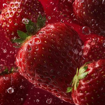 The background is full of fresh strawberries
