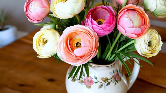Soft pastel ranunculus bouquet in floral ceramic pitcher on wooden table in warm natural light, evoking homely calm