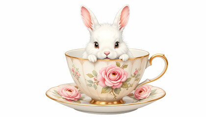 Adorable White Bunny Peeking Out of a Floral Teacup, a Charming and Whimsical Scene