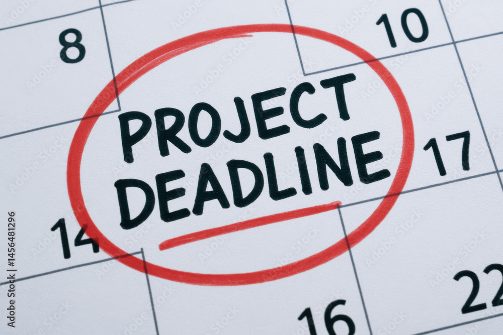 Poster project deadline concept marked on calendar with red circle and underline indicating termination dat