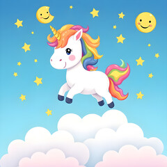 Fototapeta premium a cute, cartoon unicorn with a rainbow