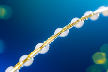 Elegant gold chain adorned with smooth, white beads, set against a vibrant blue backdrop