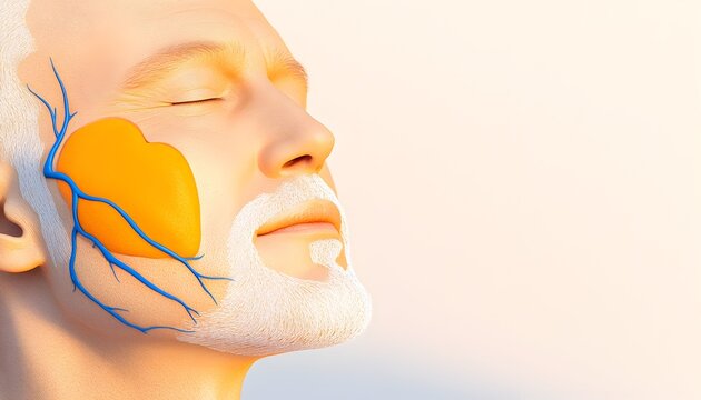 Detailed 3D anatomical illustration of a male face, highlighting the masseter muscle and its vascular network