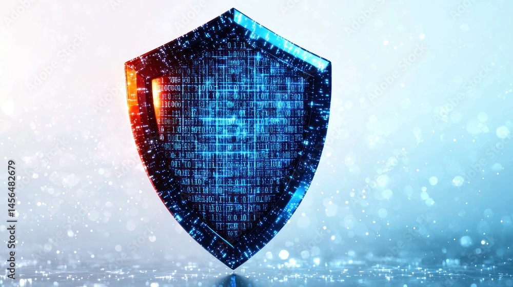 Poster digital shield concept image, symbolizing data protection and cybersecurity. blue and red colors rep