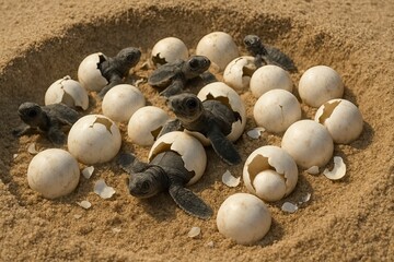 Baby turtles that have just hatched from their egg shells