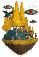 A fantasy creature is shown in a surreal illustration stock render