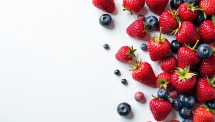 Overhead shot of scattered fresh berries on white surface , still life, vitamin, background