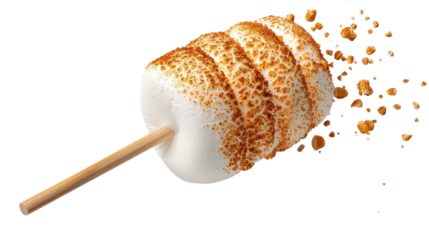 Fluffy marshmallow on stick, coated with crunchy crumbs, evokes sweet treat delight
