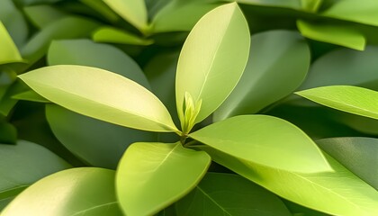 Fototapeta premium Lush green foliage, vibrant leaves in sunlight, close-up view of new growth
