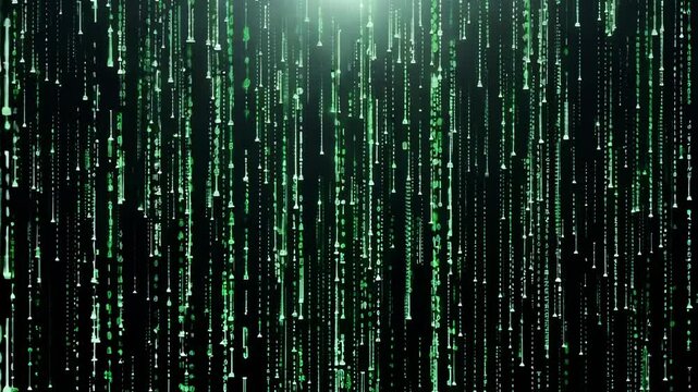 Digital matrix code with glowing green data and symbols creating dynamic flowing code rain