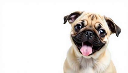 Playful pug puppy, white background isolation Close-up view , pet, wrinkled