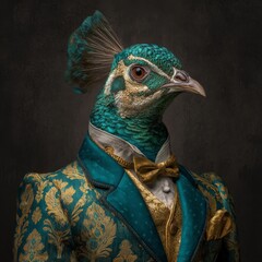 This creative portrait features a peacock in human clothing on a vibrant abstract background, symbolizing an anthropomorphic animal, crafted using Stock