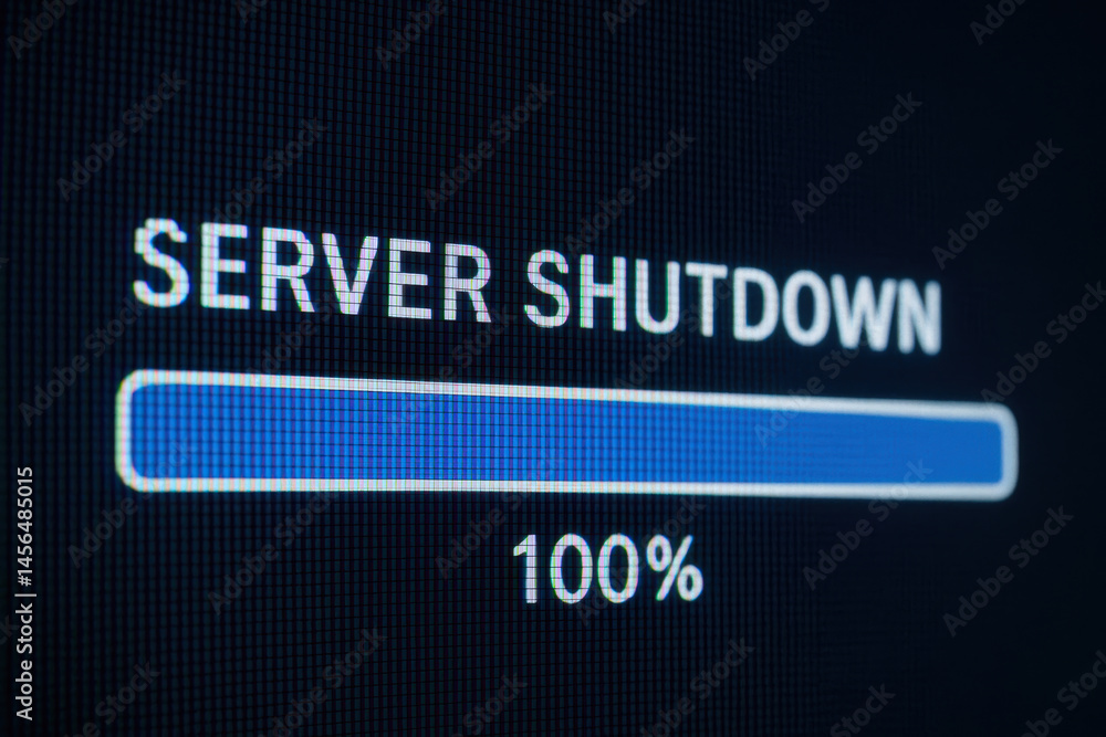 Poster server shutdown concept with termination progress bar at 100 percent on digital screen