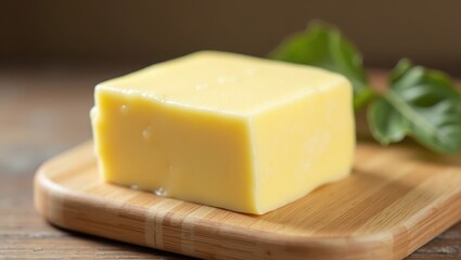 Vegan Butter. Yellow block of cheese on wooden board close-up fresh da