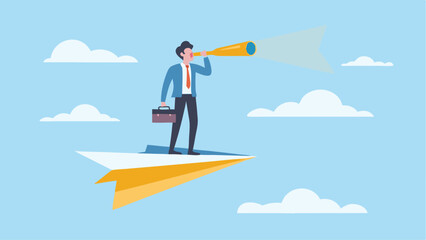 Obraz premium Businessman on paper plane soaring high using telescope to scan the horizon for opportunities Blue