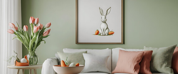 Easter Living Room with Tulips, Poster and Festive Decor