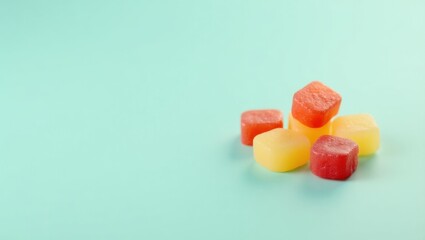 Vegan Gummies. Vegan gummy bears. Isolated background, copyspace.. Colorful vegan gummy bears form pyramid structure on serene blue background, exuding youthful energy and harmony.