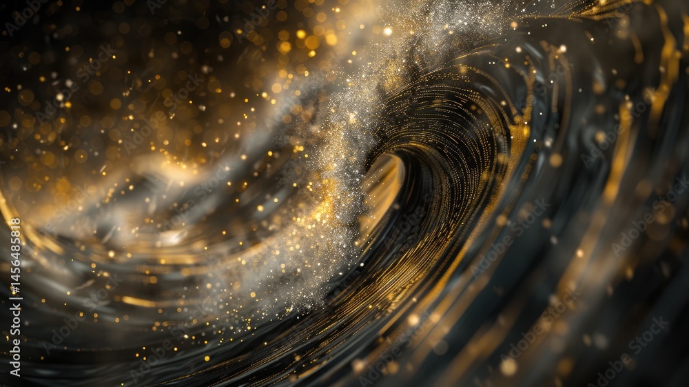 Poster an abstract representation of a golden swirl depicting mesmerizing waves in motion. the vibrant colo