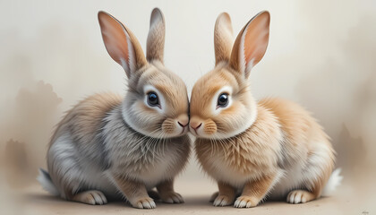 Obraz premium Two adorable fluffy bunnies nose to nose, embodying love and cuteness