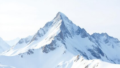 Snow-covered mountain peak, pristine white background, frozen, ice
