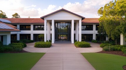 Modern office building embraces sustainability with solar panels and lush landscaping