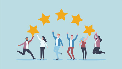 Team celebrates success reaching five star achievement Joyful diverse group reaching for golden