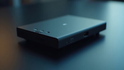 Video Summarizer. Portable black external hard drive close up on dark