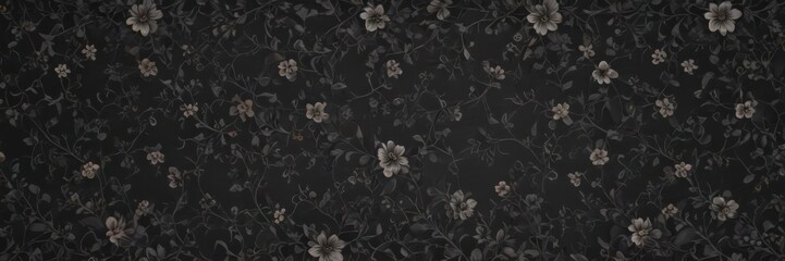 Dark charcoal seamless floral pattern, intricate vines and blossoms, wallpaper, decor