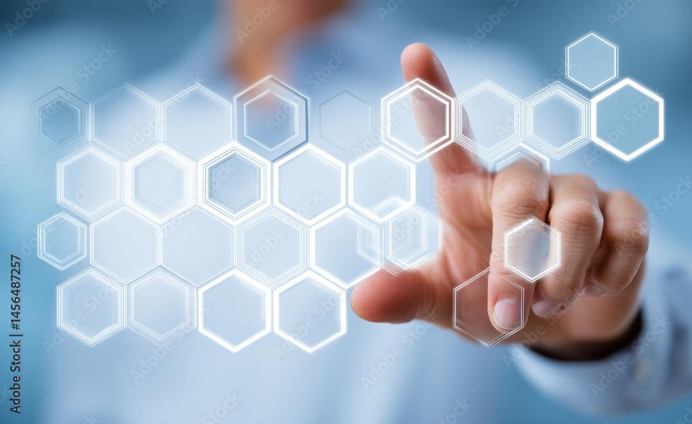 Poster a virtual screen is being used by a businessman to select the it concept by pressing a button