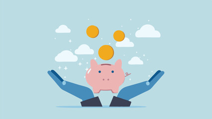 Secure your future Piggy bank savings grow with supportive hands coins falling light blue background