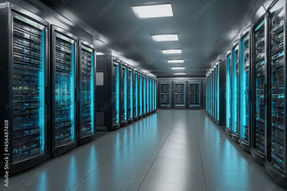 Poster network and internet communication technology is represented by the interior of a data center, compl