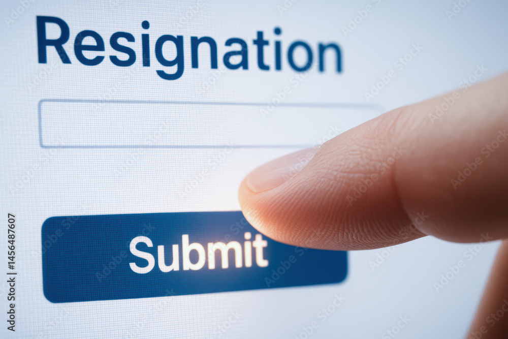 Aufkleber resignation concept with finger pressing submit button on digital screen symbolizing termination pro