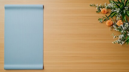Naklejka premium Minimal Serenity: A Peaceful State of Mind through Simplicity, A textured blue surface with a floral arrangement on a wooden table backdrop.