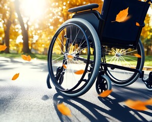Wheelchair rolling on autumn path, leaves falling.  Sunlight streams through trees