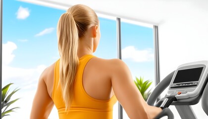 Woman with blonde ponytail, exercising on treadmill overlooking a bright, scenic view from a large window