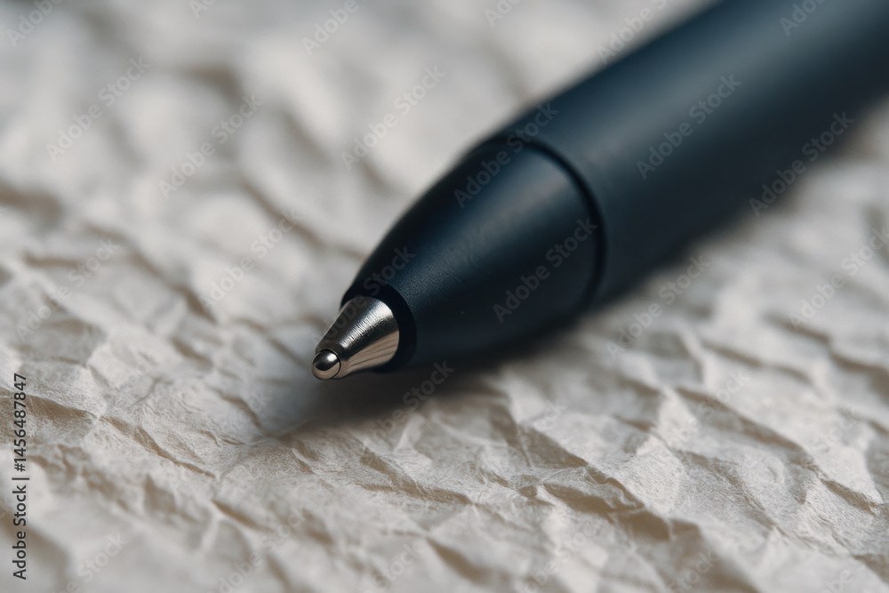 Poster close up concept of pen tip resting on crumpled paper symbolizing termination of writing or drawing 