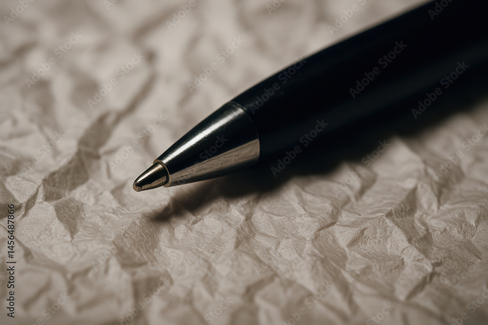 Poster close up concept of pen tip resting on crumpled paper symbolizing termination of ideas or writing in