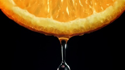 A drop of water falls from an orange slice. Filmed on a high-speed camera at 1000 fps. High quality FullHD footage