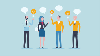 Team brainstorming innovative ideas sharing thoughts solutions Flat design illustration with light