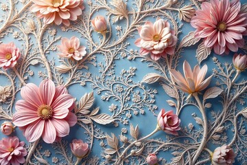 Delicate floral lace, intricate repeating motif, sewing, textile