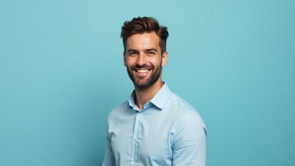 Virtual Private Cloud. Smiling Cloud Freedom. Male man model isolated background. Man in blue shirt, surrounded by freedom and cloud symbolism, exudes joy and personal space.